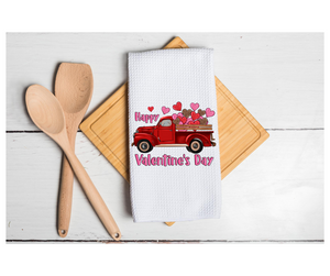 Waffle Towel Kitchen Bath 16" X 24" Happy Valentine's Day Red Truck Hearts