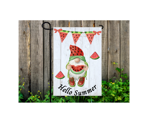 Yard Flag Garden Flag 12" x 18" Polyester Hello Summer Watermelon Gnome
