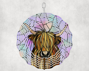 Wind Spinner Porch Yard Garden Ornament 10 Inch Size Highlander Cow Stained Glass