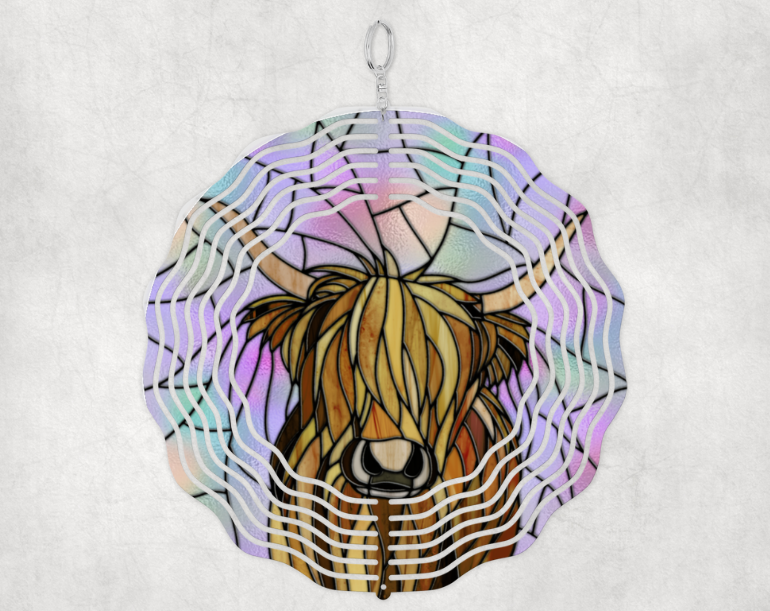 Wind Spinner Porch Yard Garden Ornament 10 Inch Size Highlander Cow Stained Glass