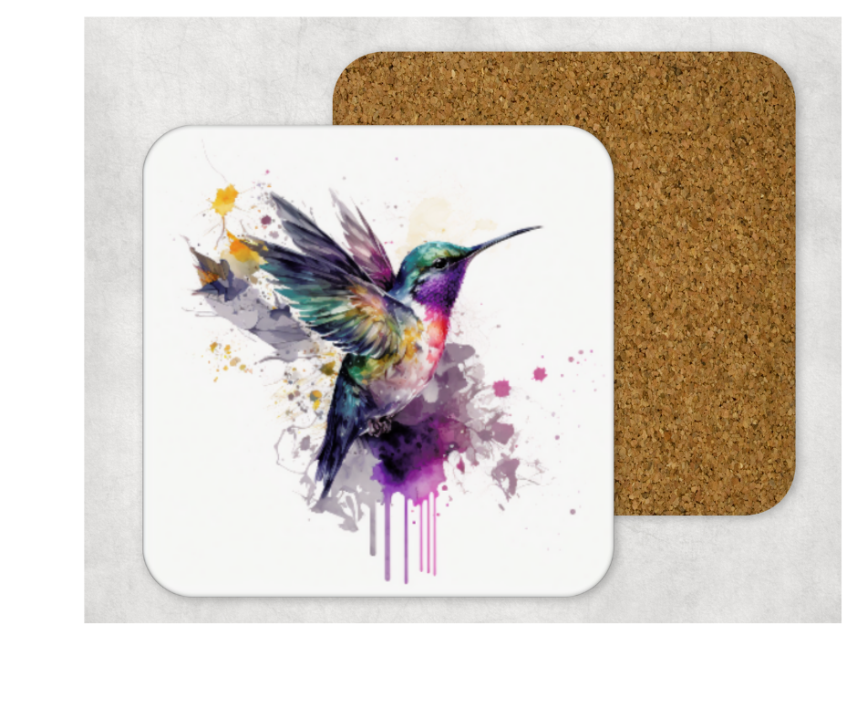 Hardboard Cork Back Set of 4 Square Coasters Gift Housewarming Home Watercolor Hummingbird Bird Outdoors