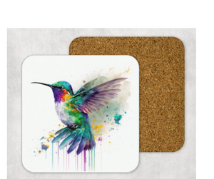 Hardboard Cork Back Set of 4 Square Coasters Gift Housewarming Home Watercolor Hummingbird Bird Outdoors