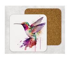 Load image into Gallery viewer, Hardboard Cork Back Set of 4 Square Coasters Gift Housewarming Home Watercolor Hummingbird Bird Outdoors