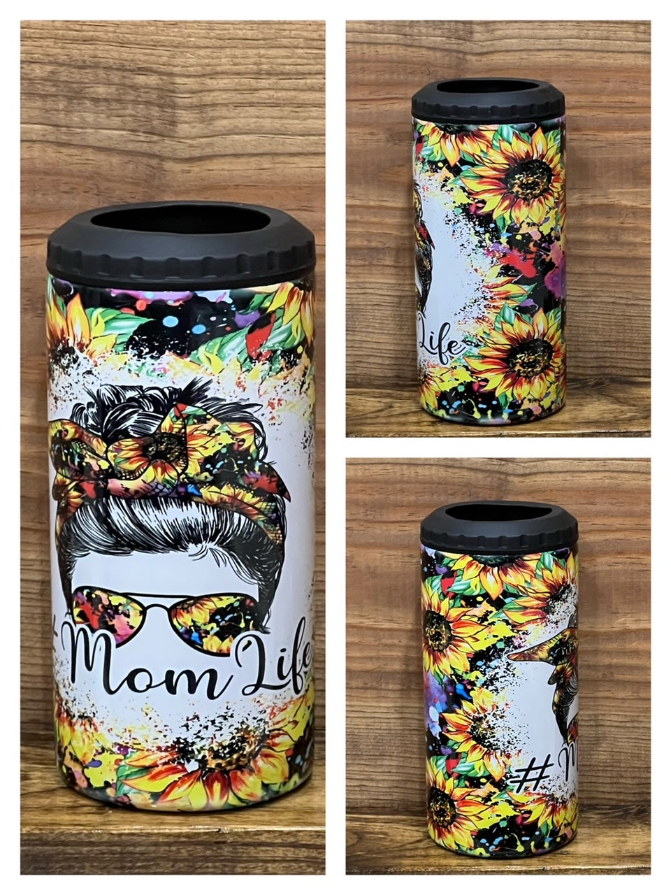 12 oz Stainless Steel 4 in 1 Can Cooler 2nd Lid Straw Bottle Can Mom Life Messy Bun Sunflower