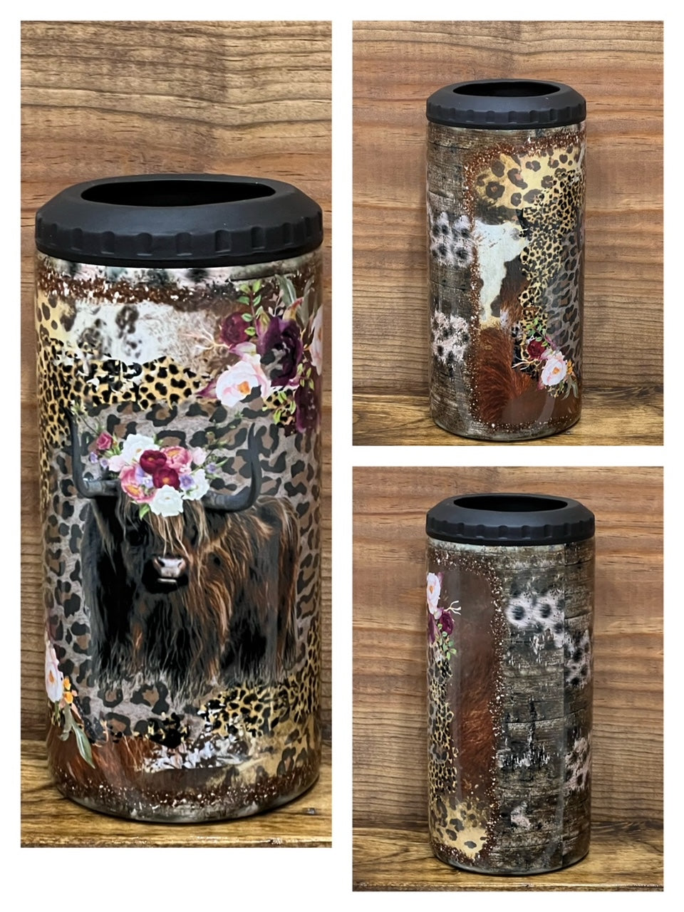 12 oz Stainless Steel 4 in 1 Can Cooler 2nd Lid Straw Bottle Can Highlander Cow Floral