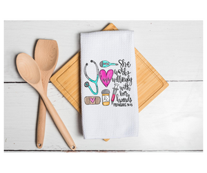 Waffle Towel Kitchen Bath 16" X 24" Nurse Works Willing with Hands