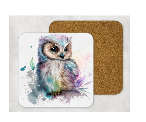 Hardboard Cork Back Set of 4 Square Coasters Gift Housewarming Home Watercolor Owl Bird Outdoors