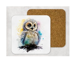 Hardboard Cork Back Set of 4 Square Coasters Gift Housewarming Home Watercolor Owl Bird Outdoors