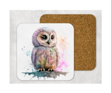 Load image into Gallery viewer, Hardboard Cork Back Set of 4 Square Coasters Gift Housewarming Home Watercolor Owl Bird Outdoors