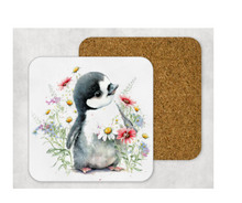 Load image into Gallery viewer, Hardboard Cork Back Set of 4 Square Coasters Gift Housewarming Home Cute Penguin Floral Bird Outdoors