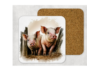 Hardboard Cork Back Set of 4 Square Coasters Gift Houseware Home Farm Red Barn Truck Horses Pigs