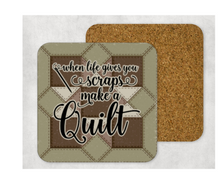 Load image into Gallery viewer, Hardboard Cork Back Set of 4 Square Coasters Gift Housewarming Home Quilting Sewing Coffee
