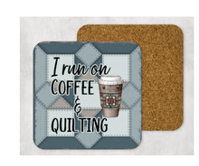 Load image into Gallery viewer, Hardboard Cork Back Set of 4 Square Coasters Gift Housewarming Home Quilting Sewing Coffee