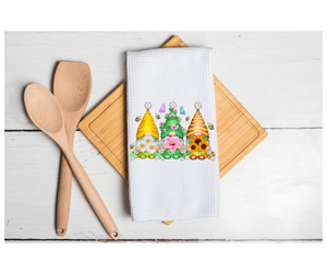 Waffle Towel Kitchen Bath 16" X 24" Spring Gnomes Bees Floral