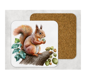 Hardboard Cork Back Set of 4 Square Coasters Gift Housewarming Home Squirrel Nuts Animal
