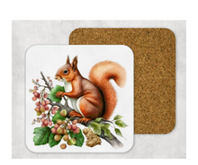 Load image into Gallery viewer, Hardboard Cork Back Set of 4 Square Coasters Gift Housewarming Home Squirrel Nuts Animal