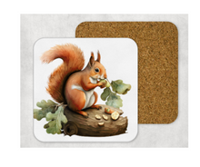 Load image into Gallery viewer, Hardboard Cork Back Set of 4 Square Coasters Gift Housewarming Home Squirrel Nuts Animal