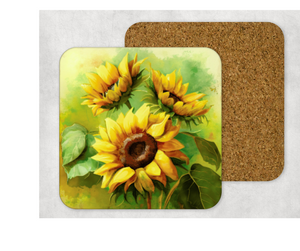 Hardboard Cork Back Set of 4 Square Coasters Gift Houseware Home Watercolor Sunflowers