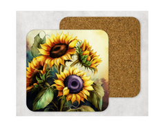 Load image into Gallery viewer, Hardboard Cork Back Set of 4 Square Coasters Gift Houseware Home Watercolor Sunflowers
