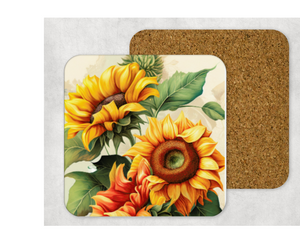 Hardboard Cork Back Set of 4 Square Coasters Gift Houseware Home Watercolor Sunflowers