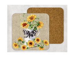 Load image into Gallery viewer, Hardboard Cork Back Set of 4 Square Coasters Gift Housewarming Home Sunflowers