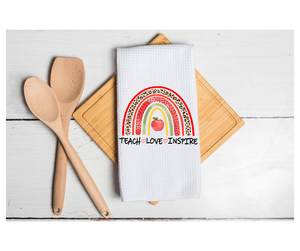 Waffle Towel Kitchen Bath 16" X 24" Teach Love Inspire Boho Rainbow Teacher School Apple