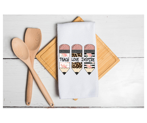 Waffle Towel Kitchen Bath 16" X 24" Teach Love Inspire Pencils Teacher School