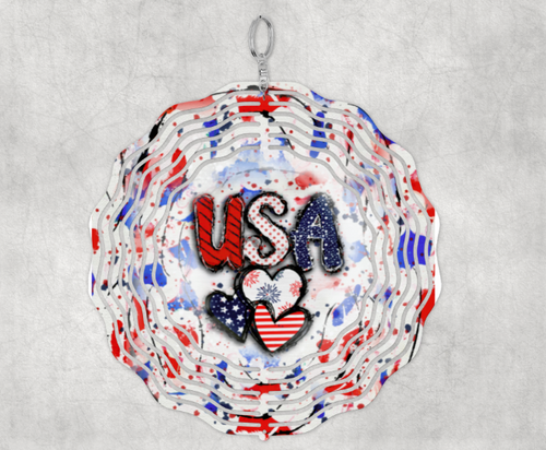 Wind Spinner Porch Yard Garden Ornament 10 Inch Size USA Hearts Red White Blue