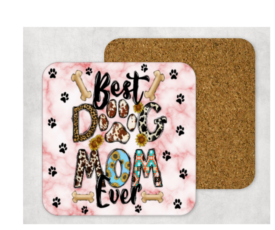 Hardboard Cork Back Single One Square Coaster Gift Housewarming Home Pink Best Dog Mom Ever Paw Prints Bones