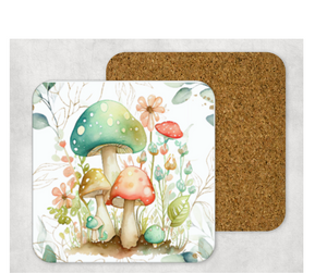 Hardboard Cork Back Single One Square Coaster Gift Housewarming Home Pastel Mushrooms