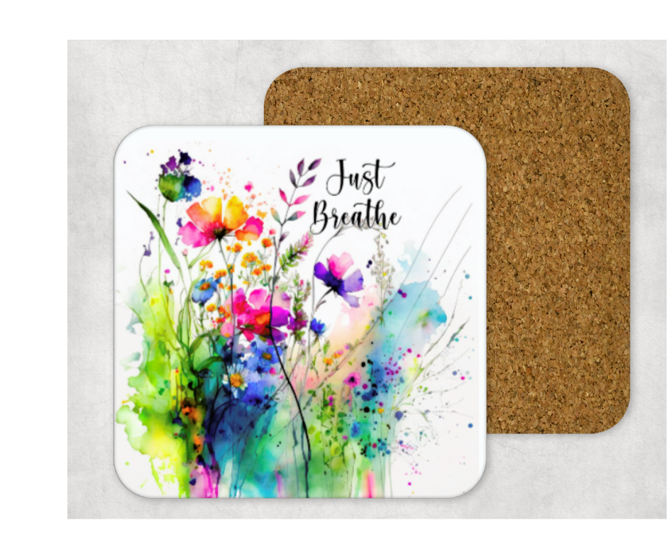 Hardboard Cork Back Single One Square Coaster Gift Housewarming Home Watercolor Florals Just Breathe Inspirational