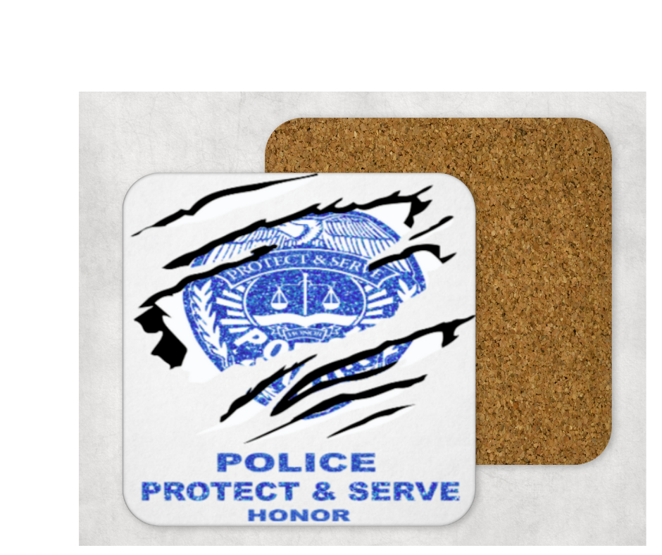 Hardboard Cork Back Single One Square Coaster Gift Housewarming Home Police Protect & Serve Honor