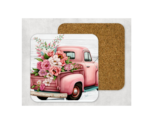 Hardboard Cork Back Single One Square Coaster Gift Housewarming Home Spring Pink Truck Florals