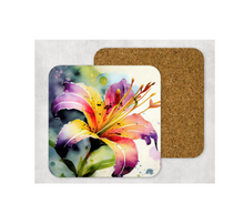 Load image into Gallery viewer, Hardboard Cork Back Set of 4 Square Coasters Gift Housewarming Home Lilies Lily Flowers