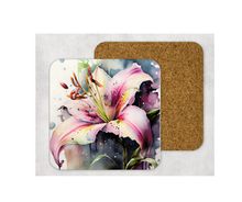 Load image into Gallery viewer, Hardboard Cork Back Set of 4 Square Coasters Gift Housewarming Home Lilies Lily Flowers