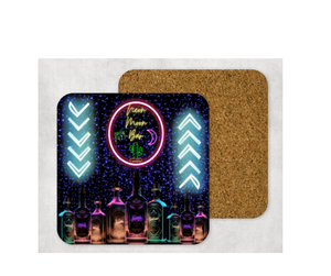 Hardboard Cork Back Single One Square Coaster Gift Housewarming Home Neon Moon Bar Bottles Drinks