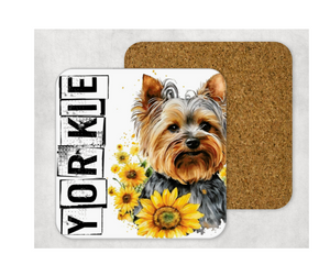 Hardboard Cork Back Single One Square Coaster Gift Housewarming Home Yorkie Dog Animal Sunflowers