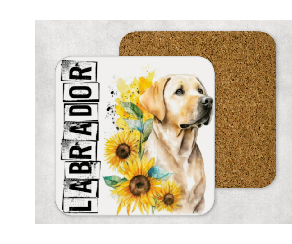Hardboard Cork Back Single One Square Coaster Gift Housewarming Home Yellow Lab Labrador Dog Animal Sunflowers