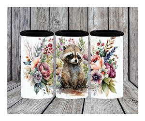 12 oz Stainless Steel 4 in 1 Can Cooler 2nd Lid Straw Floral Woodland Raccoon