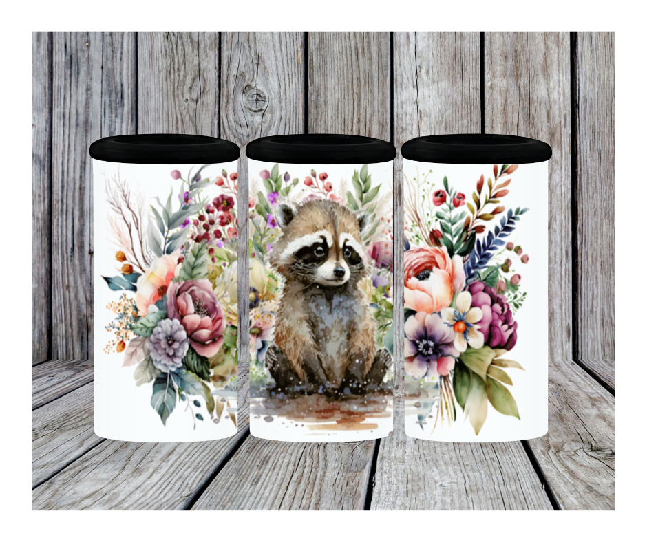 12 oz Stainless Steel 4 in 1 Can Cooler 2nd Lid Straw Floral Woodland Raccoon