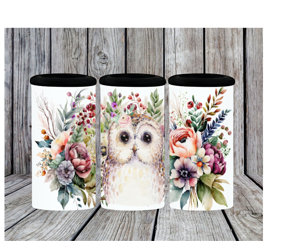 12 oz Stainless Steel 4 in 1 Can Cooler 2nd Lid Straw Floral Woodland Owl