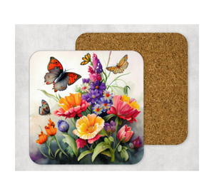 Hardboard Cork Back Set of 4 Square Coasters Gift Housewarming Home Butterfly Florals