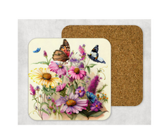 Load image into Gallery viewer, Hardboard Cork Back Set of 4 Square Coasters Gift Housewarming Home Butterfly Florals