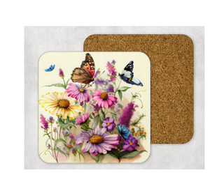 Hardboard Cork Back Set of 4 Square Coasters Gift Housewarming Home Butterfly Florals