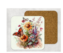 Load image into Gallery viewer, Hardboard Cork Back Set of 4 Square Coasters Gift Housewarming Home Butterfly Florals