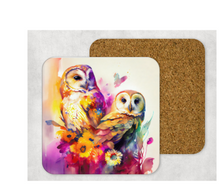 Load image into Gallery viewer, Hardboard Cork Back Set of 4 Square Coasters Gift Housewarming Home Watercolor Owls Florals