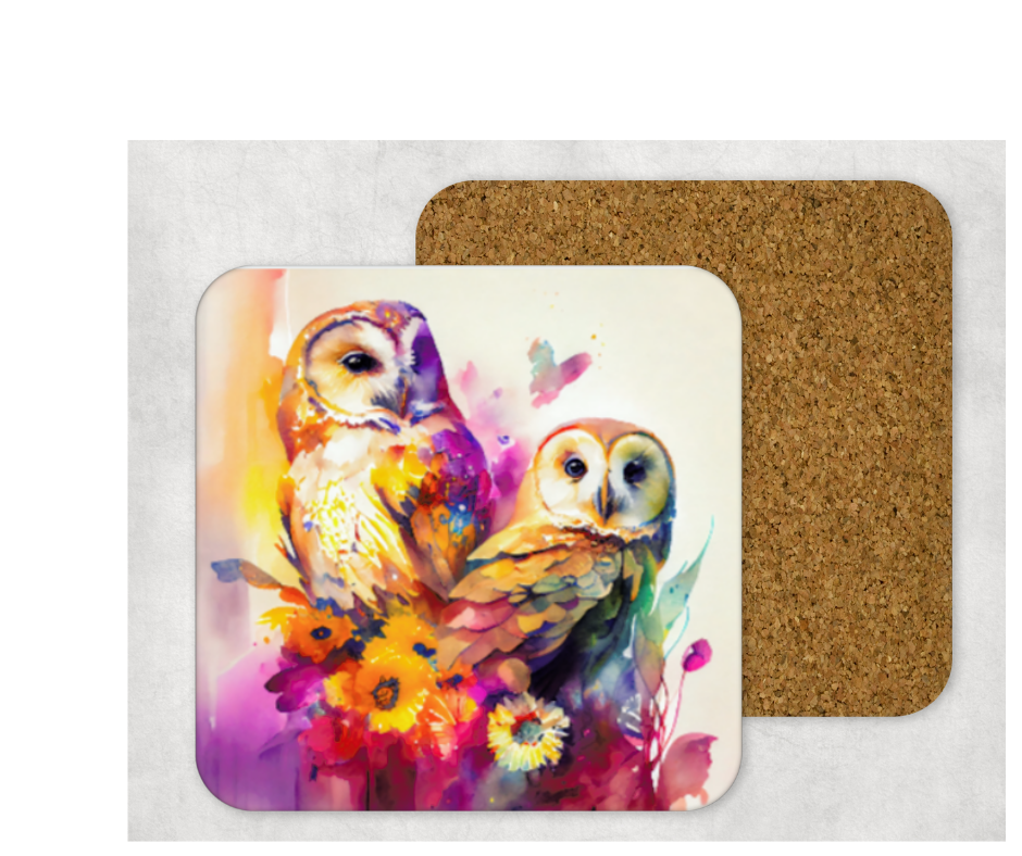 Hardboard Cork Back Set of 4 Square Coasters Gift Housewarming Home Watercolor Owls Florals