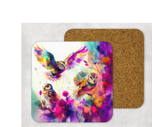 Load image into Gallery viewer, Hardboard Cork Back Set of 4 Square Coasters Gift Housewarming Home Watercolor Owls Florals