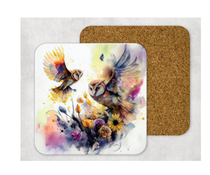 Hardboard Cork Back Set of 4 Square Coasters Gift Housewarming Home Watercolor Owls Florals