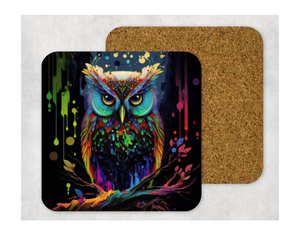 Hardboard Cork Back Set of 4 Square Coasters Gift Housewarming Home Neon Colorful Owls